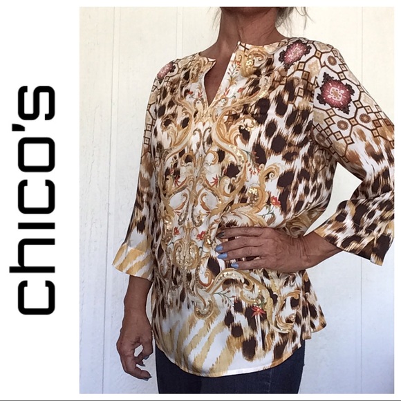 CHICOS SCROLL PATTERNED GOLD EMBELLISHED SILKY TUNIC SMALL - Picture 2 of 16